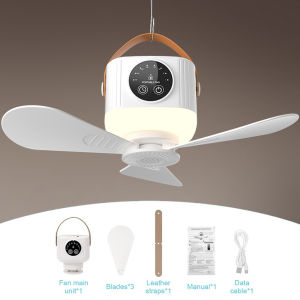 Portable Ceiling Fan with Light and Remote Control 7200mAh USB Rechargeable Tent Fan 4 Speeds Quiet Battery Operated Hanging Fan for Camping RV Travel White Beige