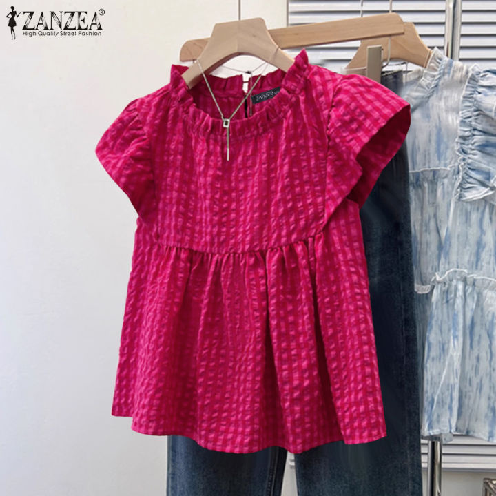ZANZEA Women Summer Casual Crew Neck Blouses Cap Sleeve Plaid Printed Girlish Thin Top #0428