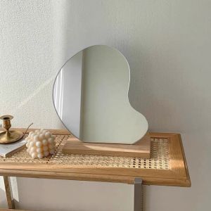 【HOT】 Ins Irregular Wooden Desktop Makeup Mirror Simple Shaped Net Red Same Model Photo Desktop Handheld Dormitory Desktop Girl Heart Small Mirror Vanity