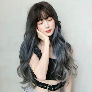 Wig for Women Human Hair True Hair Washable Long Hair Big Wave Gradient Blue Gray Full-head Wig Online Influencer Pop Full Top Hair Cover