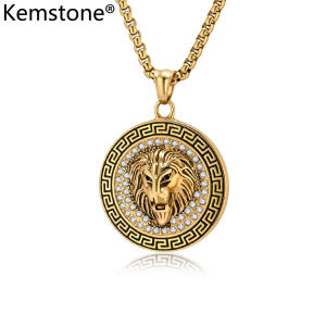 Kemstone HIP HOP Jewelry Mens Stainless Steel Gold Plated Zircon Round Tag Lion Pendant Necklace
