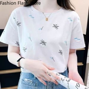 Womens Short Sleeved Summer New Fashionable Simple Printed T-shirt Loose and Versatile Trendy Top