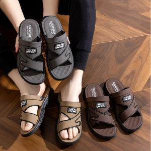 CHAOSON ป้องกันการลื่น รองเท้าแตะพื้นหนา หนังพียู แข็งและแข็งแรง รองเท้าแตะผู้ชายสไลด์ ลำลองแบบสบายๆ ชุดชายหาดใส่สบาย รองเท้ารัดส้น บ้านในบ้าน