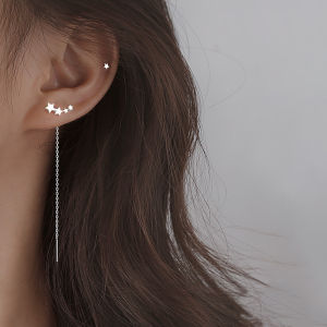 【COD】Lucky Pretty Chic S925 Sterling Silver Stars Long Linear Dangle Studs Drop Earrings hypoallergenic non tarnish Tassel Chain Dangler for Lady Girls Fashion Jewelry Accessories