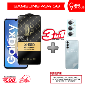 Paket 3in1 Tempered Glass Samsung A34 5G Anti Gores Layar Anti Static Free Tempered Camera + Skin