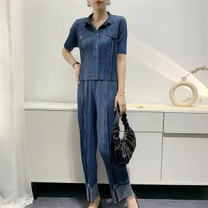 [NOVA quality]  new Miyake pleated digital printing jeans/skirts/tops women fashion casual slim straight nine-point pants