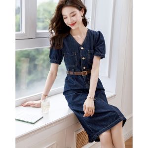 Fashion short-sleeved denim dress womens new bubble-sleeved cow Korean version fashion casual waist and thin denim dress