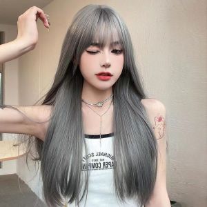 Wigs Female Wig Cute Air Bangs Long Straight Hair Natural Simulation Full Hair Set Cos Fluffy Wig