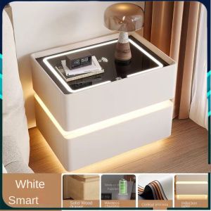 smart bedside table For Bedroom Solid Wood bed table Nordic Style wireless charging+ wireless and bluetooth speakers +Smart Fingerprint Lock  Minimalist Bed Side nightstand Table For Room