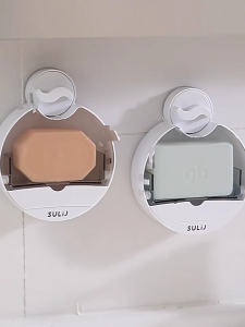 NonPunch Bathroom Organizers Wall Mount Soap Dish With Secure Suction And Flips Cover Durable Plastic Materials