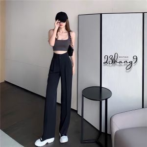 Quần ống suông quần ống rộng nữ 2 cúc lưng cao gen bụng siêu tôn dáng vải tuyết mưa không nhăn dày dặn chiều dài 100cm