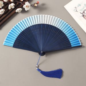 WAPKTY Gradient Color Chinese Style Folding Fan Portable Easy To Open and Close Classic Bamboo Folding Fan Traditional Handmade Tassel Dance Fan Chinese Classical Dance