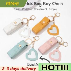 PkYeG Solid Color Portable Lipstick Bags Wallet Keychain Mini Storage Bag For Women Lipsticks Protective Cover With Mini Makeup Mirror
