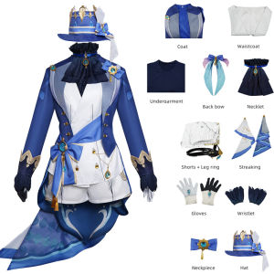 Anime Genshin Tác Động Furina Trang Phục Cosplay Fontaine Thần Công Lý váy xanh da trời Nước Thiên Chúa Focalors Tailcoat Phù Hợp Với Với Trang Phục Chính Thức Mũ bữa tiệc Halloween Trang Phục