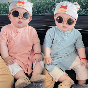 เสื้อผ้าเด็กสไตล์จีนใหม่สุดเทรนด์ ชุดฮันฟูแขนสั้นฤดูร้อนสำหรับเด็กชายและเด็กหญิง ชุดรอมเปอร์สำหรับงานฉลองวันเกิดปีแรกและงานเลี้ยง