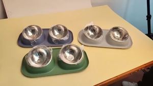 Cat Dog Double Feeder Stainless Steel Bowls with Non-Slip Base Guard Neck for Inclined Eating