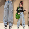 Rolanko Girls Jean Trousers Kids Wide Leg Baggy Denim Bottom Straight Pants Children Casual Clothes. 