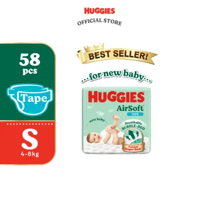 Huggies Airsoft Tape Diapers NB68/ S58 (1 Pack) - Breathable and soft premium diapers for baby