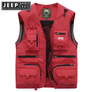 Jeep Spirit 1941 Estd Mens Multi-pocket Vest Jacket Loose Fishing Vest Functional Sports Vest Outdoor Tooling Vest