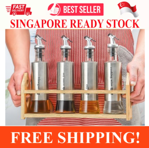 4 PACK OIL AND VINEGAR CRUET DISPENSER SET WITH DRIP FREE DESIGN ELEGANT STAINLESS STEEL WITH GLASS BOTTOM 11OZ GLASS DISPENSER POURING SPOUTS SOY SAUCE CONTAINER FOR KITCHEN (FREE WOODEN HOLDER)