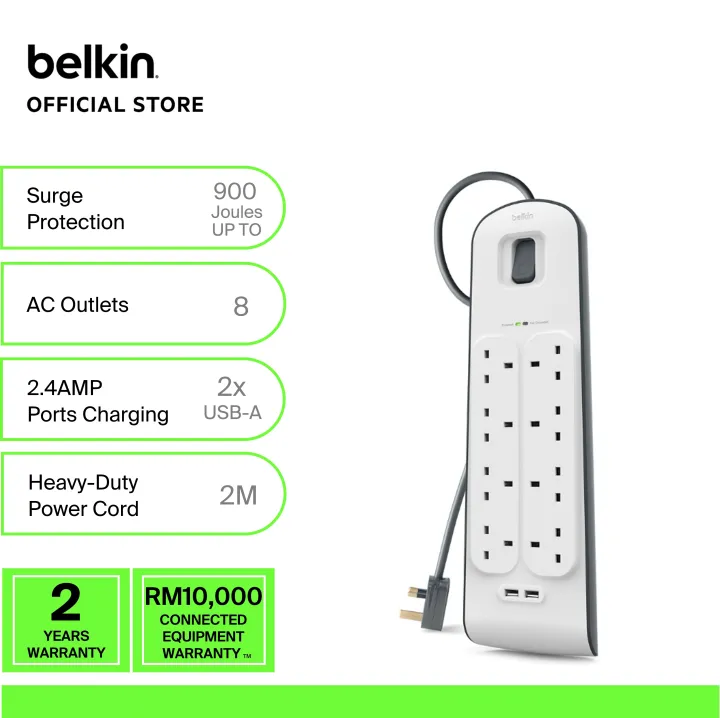Belkin BSV804sa2M 2.4 Amp USB Charging 8-outlet Surge Protection Strip with 2 USB Ports - [SINGLE x 1unit] , [TWIN x 2units]