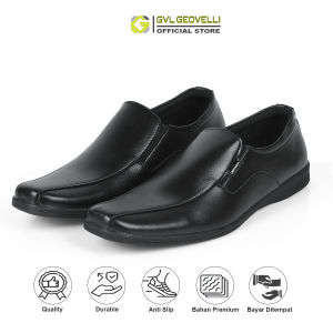 Sepatu Black | Sepatu Pantofel Kulit PU Hitam Formal Kerja Pantopel Pria Ori | GEOVELLI LOAFER