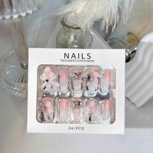Ready Stock Female Mid-length Fake Nail Flower Lace Bowknot Decor Artificial Nail for Women and Girl Party Activity