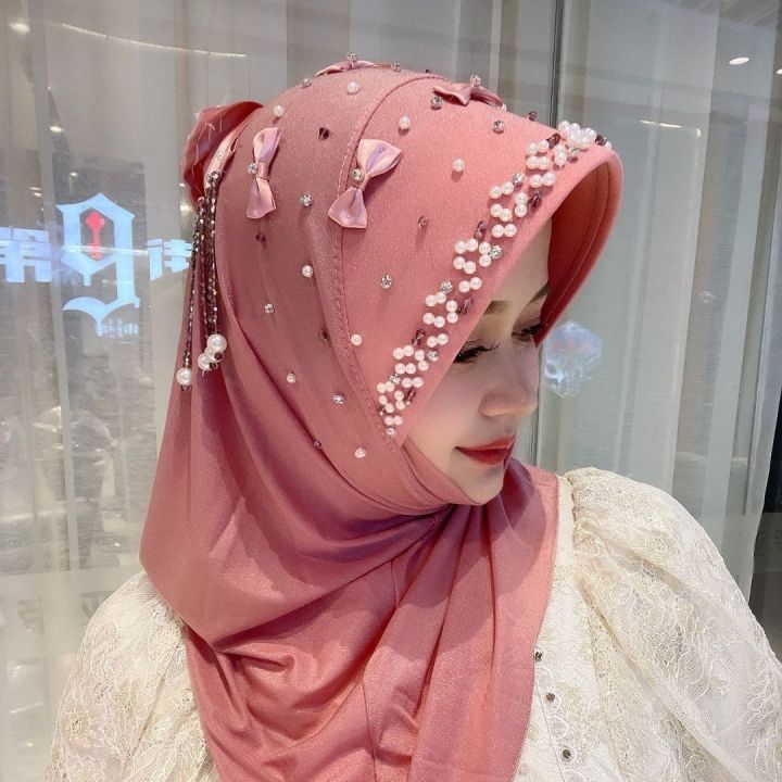 High Quality Bow Ribbons Pearls Moslem Islamic Girls Instant Hijab ...