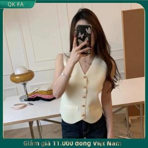 QK FA ✨ Pháp Retro rắn màu v-cổ đơn ngực không tay mỏng dệt kim vest cho phụ nữ
