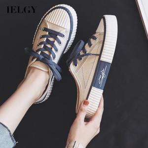 IELGY womens Korean style all-match heelless loafers half drag canvas shoes