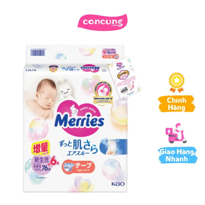 Tã dán sơ sinh Merries nội địa (< 5kg, 76 + 6 miếng)