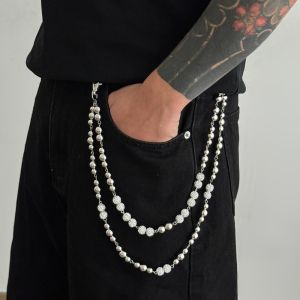 COOLSOOL Lớp đôi Dây xích quần Ngọc trai giả Hiphop Dây chuyền quần hạt Thời trang Quà tặng Dây xích quần jean Nam giới