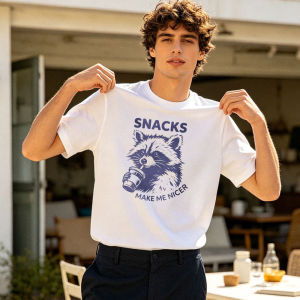 Drinking Beverage Raccoon Snacks Make Me Nicer Graphic Cotton T Shirt Men Short Sleeve Garment For Friends Daily Casual Hangout