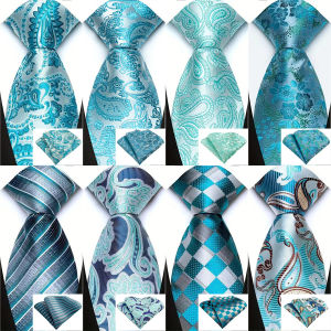 Hot Sale 8 Cm Tie Pocket Squares Set Lake Blue Floral Stripes Wedding Present Necktie Suit Accessories Fit Party Holiday Gift