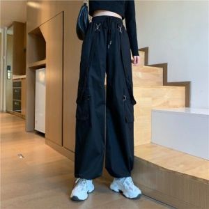 Women Fashion Harajuku Cargo Pants Black Detachable Strap Trousers Female Elastic Waist Streetwear Pants Plus Size Casual Pants
