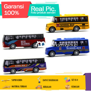 Diecast Miniatur Mainan Mobil Bus Sekolah Metal Pullback Set Isi 4