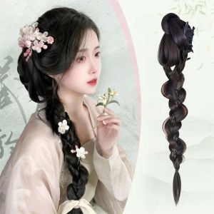 JON09 Antique Chinese Style Wig Braid Ponytail Headdress Synthetic Butterfly Twist Braid Wig Trendy Hairpiece Side Low Tied Ponytail Female