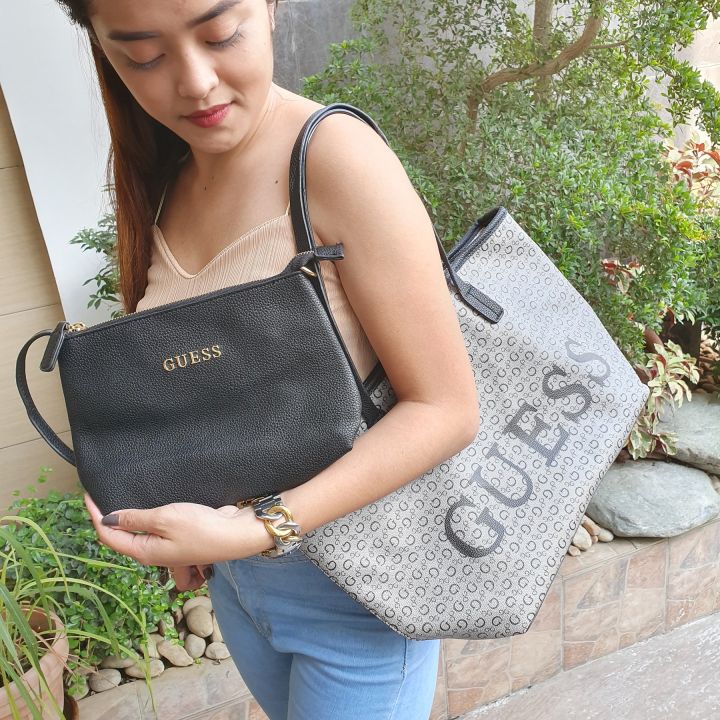 Guaranteed Original Guess Vikky In Signature G Design with Pouch Women s Tote Bag Grey Black Lazada PH