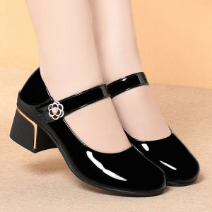 4cm British Style Shallow Mouth Breathable Bright Leather Shoes Mary Janes 2026 Spring Med Block Heels Shoes for Office Mom Work