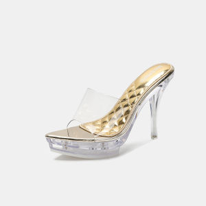 YUCHEN 4.33 inches Mules for Women Crystal With Heels Sandals Laydis White Stiletto Clean Transparent High Heeled Slippers Shoes Size 35 - 43