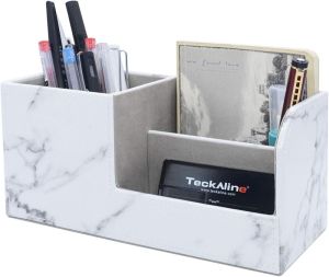 Pencil Holder Pen Holder Marble Desk Accessories PU Leather Desk Organizer for Art Assecories Cell Phone Glasses Name Cards Remote Control Cute (Marble)