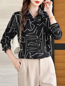 【STOCK】Korean womens geometric pattern color matching lapel long sleeve chiffon shirt  Large Womens Shirt