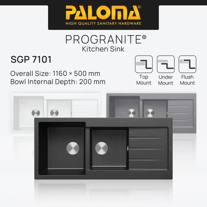 PALOMA SGP 7101 Kitchen Sink Bak Cuci Piring Dapur Progranite 2 Bowl Topmount Undermount Pro Granite Granit Quartz Top Under Mount Black Grey Gray White Hitam Abu Putih 7101BC 7101GS 7101WR