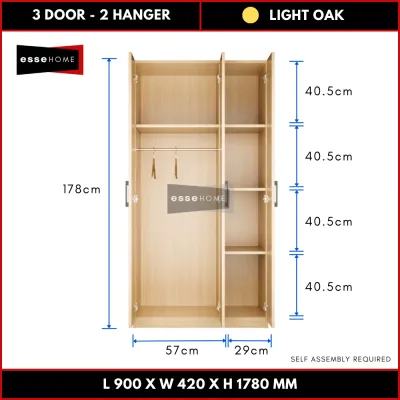 [178CM] EsseHome 3 Door Wardrobe Cabinet Cupboard Storage Almari Baju