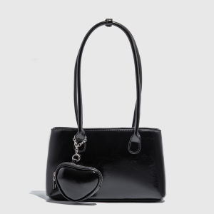 Chic Patent Leather Crossbody Bag with Heart Charm in Wine/Black