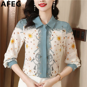 AFEG new Korean version of the shirt collar fashion loose slim temperament printed chiffon long-sleeved blouse