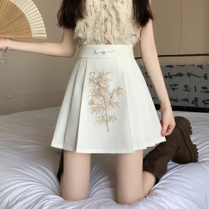 Ammin 2024 mùa hè mới Trung Quốc eo cao Jacquard váy nữ phong cách Trung Quốc r Pan Nút Thêu Hoa Xếp Li Eo A-line chống trượt thanh lịch váy xếp ly