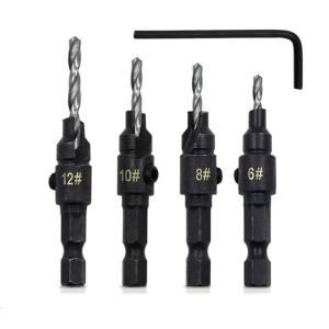 4Pcs 1/4inch Hex Shank Adjustable Countersink Set Replaceable Woodworking Countersink