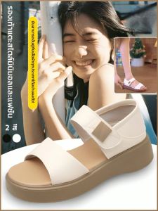 รองเท้าแตะเปิดนิ้วเท้า ผ้าใบหนังสีขาว รองเท้าผู้หญิง แฟชั่น ผลการลดความเครียด สะดวกสบายและทนทาน