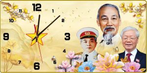 Tranh Đồng Hồ Chữ Nhật chân dung Bác Hồ - Bác Giáp - Bác Trọng chất liệu in gỗ tráng gương có bọc viền